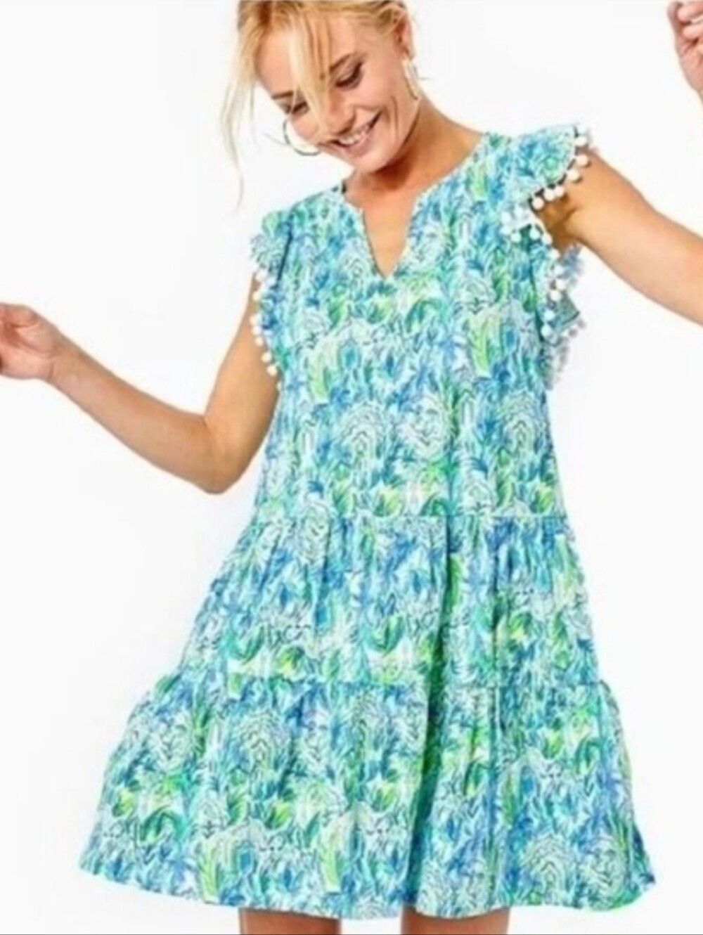 Lilly Pulitzer Lacie Tiered Swing Dress Blue Green Pom Pom Ruffle Trim Size XXS